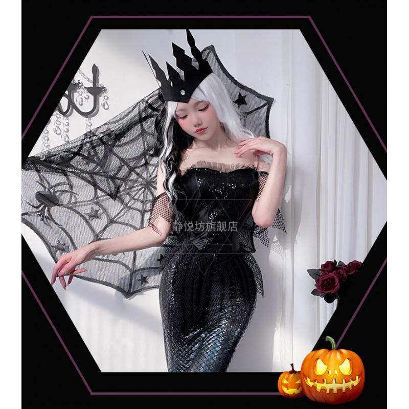 Halloween Mermaid Princess Costume Dark Fairy Strapless Long Dress Adult Cosplay Party