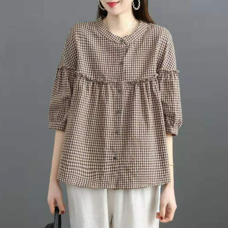Imitation Cotton and Linen Shirt Women's Three-quarter Sleeve Loose Casual Large Size All-match Shirt Stand-up Collar Top