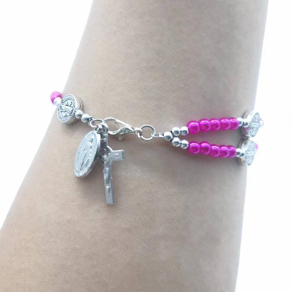 Bohemian Style Double-layer Pink Bead Exorcist Holy Brand Cross Pendant Weaving Ornament Bracelet for Saint