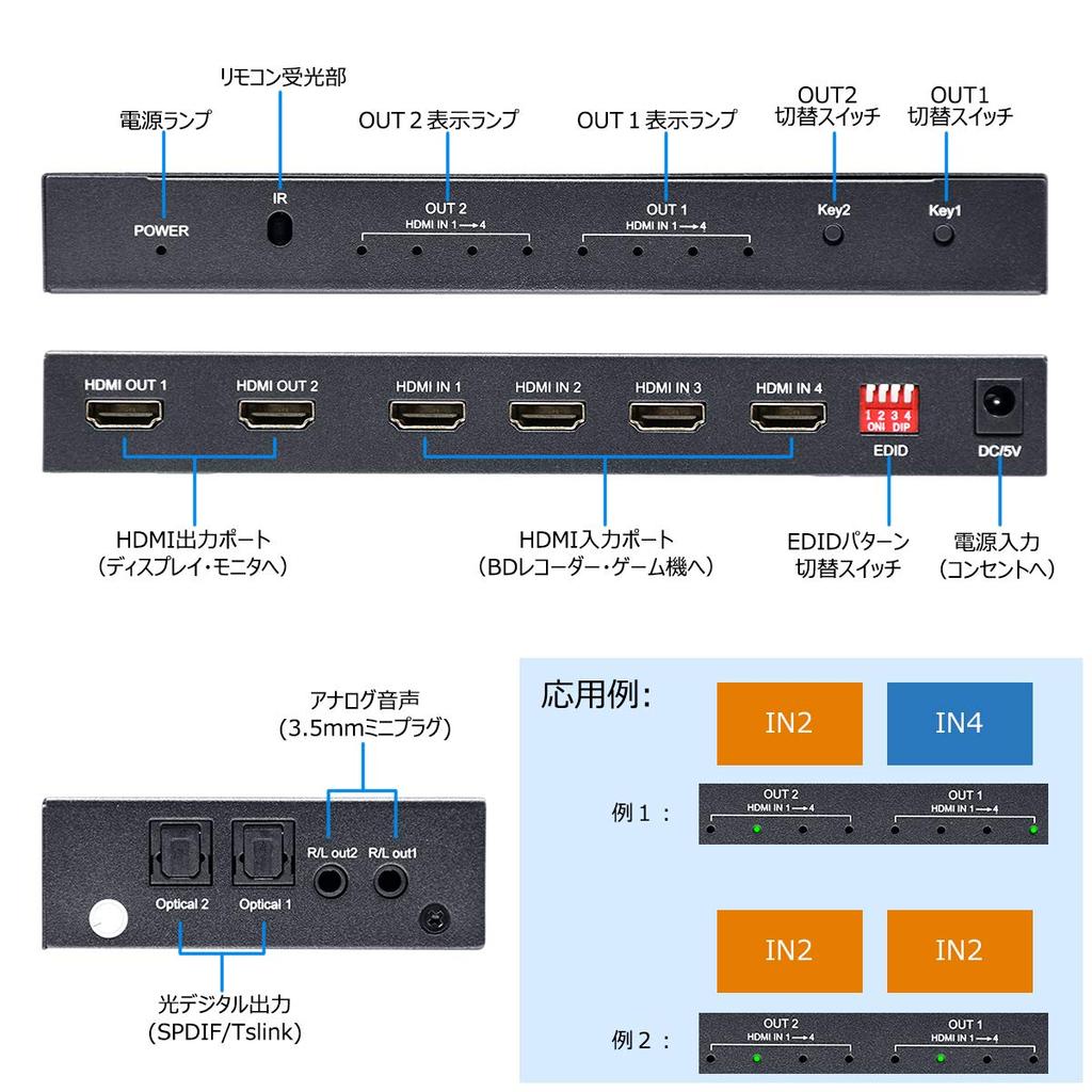 ELEVIEW HDMI Matrix 4 Audio Separation Downscaling 2 Manual Remote Selector, Inputs/2 Outputs, (Optical Digital/3.5mm), 4K60Hz/1080p120Hz, Function,