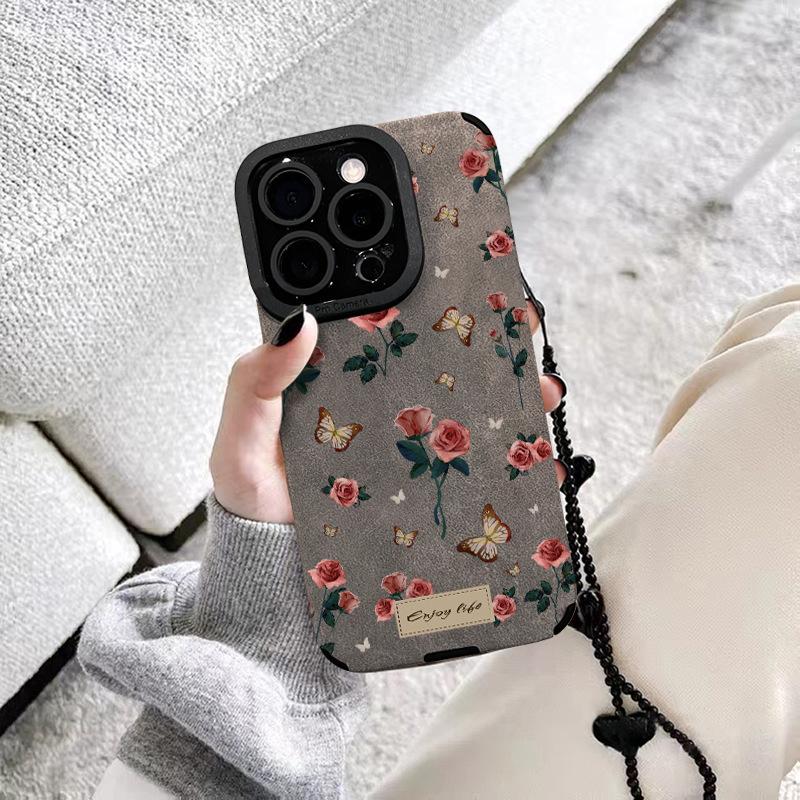Rose Butterfly Bracelet, Suitable for Apple 16pro Phone Case 15, Retro Anti-drop 14, Suede 13, Soft Silicone 8