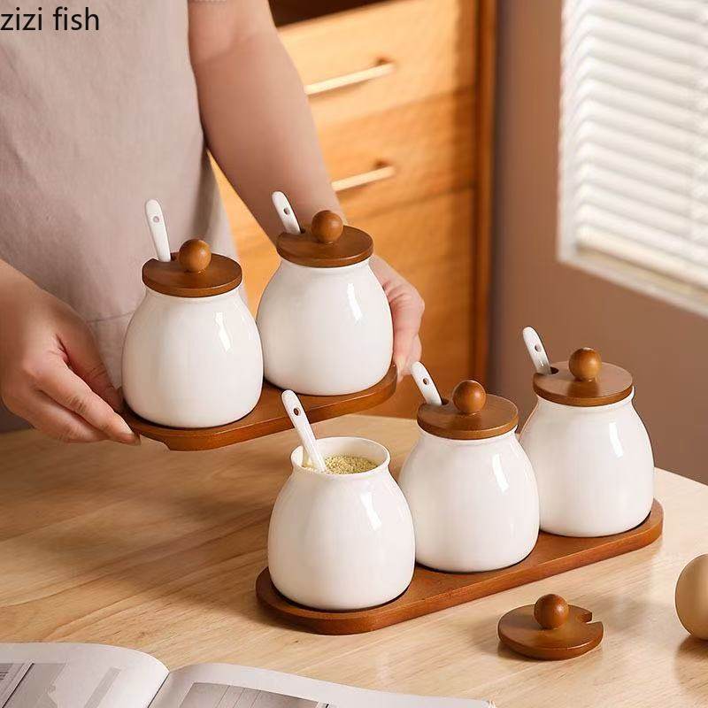 Ceramic Seasoning Jar Set Kitchen Spice Container Condiment Bottle Spice Jar Seasoning Box Salt Shaker Sugar Jars Spices Bottle