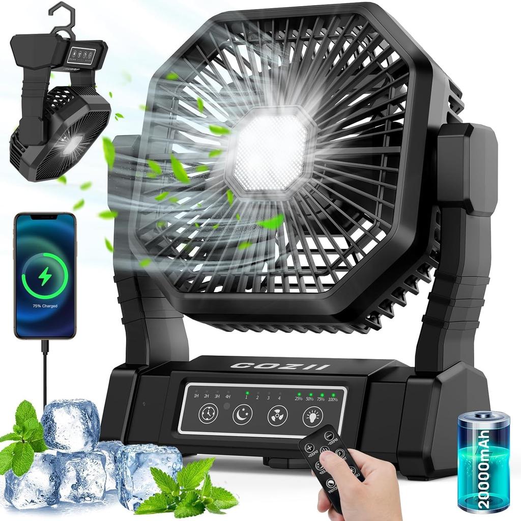 Battery Operated Fan, 20000mAh Rechargeable Camping Fan for Tent with LED Lantern - 3 Colors, 4 Speeds, 4 Timing, Adjustable Head with Hook, Portable