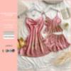 Suspender Women's Four-season Loungewear Lace-up Nightgown Nightdress Two-piece Set, Thin Outer Wear Medium and Long Pajama Set