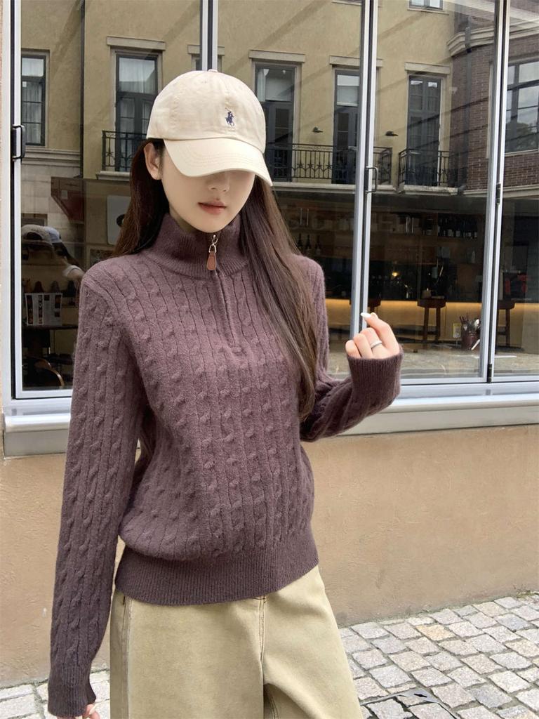 Autumn and Winter New Soft Waxy Gentle Half Zipper Stand-up Collar Twist Knitted Sweater Loose Sweater Women's Bottoming Shirt
