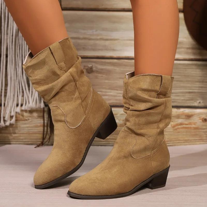 2024 New Brown Chelsea Suede Ankle Boots with Pleated Midpiece, Pointed Toe, Thick Heel, Children's Autumn and Winter