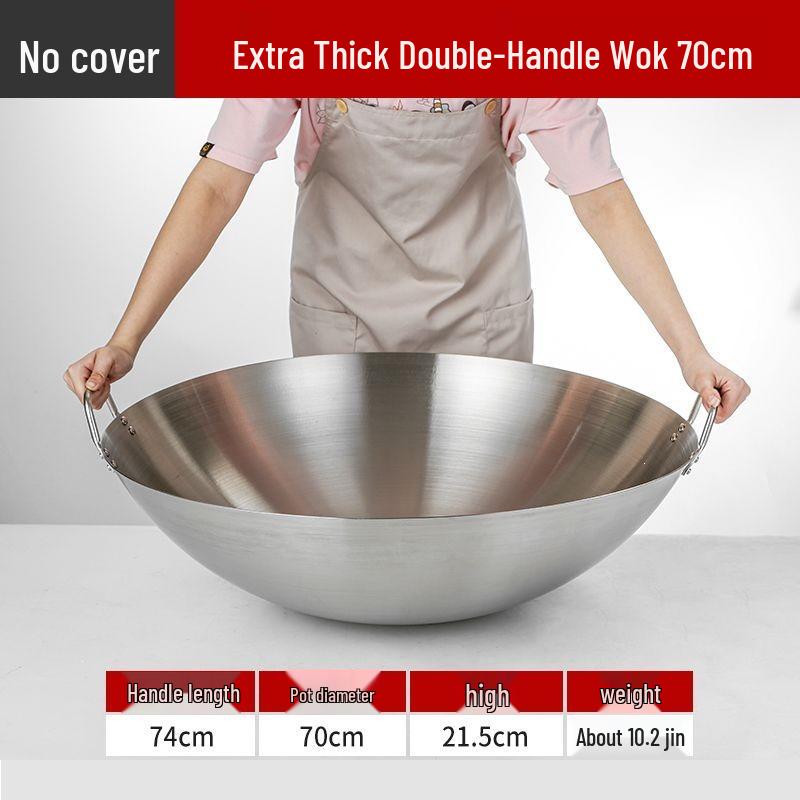 Extra Thick Stainless Steel Double Ear Wok - Large Round Bottom Pot for Commercial Kitchens, Gas Stove Compatible