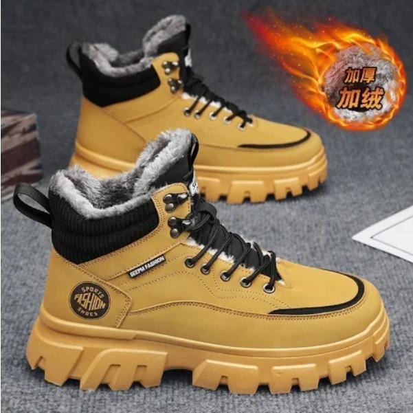 Pánské zimní vysoké britského stylu cargo velké žluté boty pánské plus fleecové bavlněné boty s tlustou podrážkou venkovní kotníkové boty H217