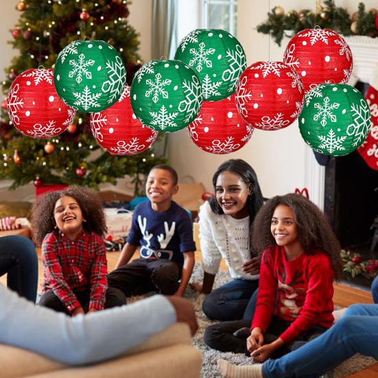 Snowflake Paper Lantern Red Green Christmas Hanging Round Lantern Decoration for Indoor Outdoor Decor Holiday Party Supplies