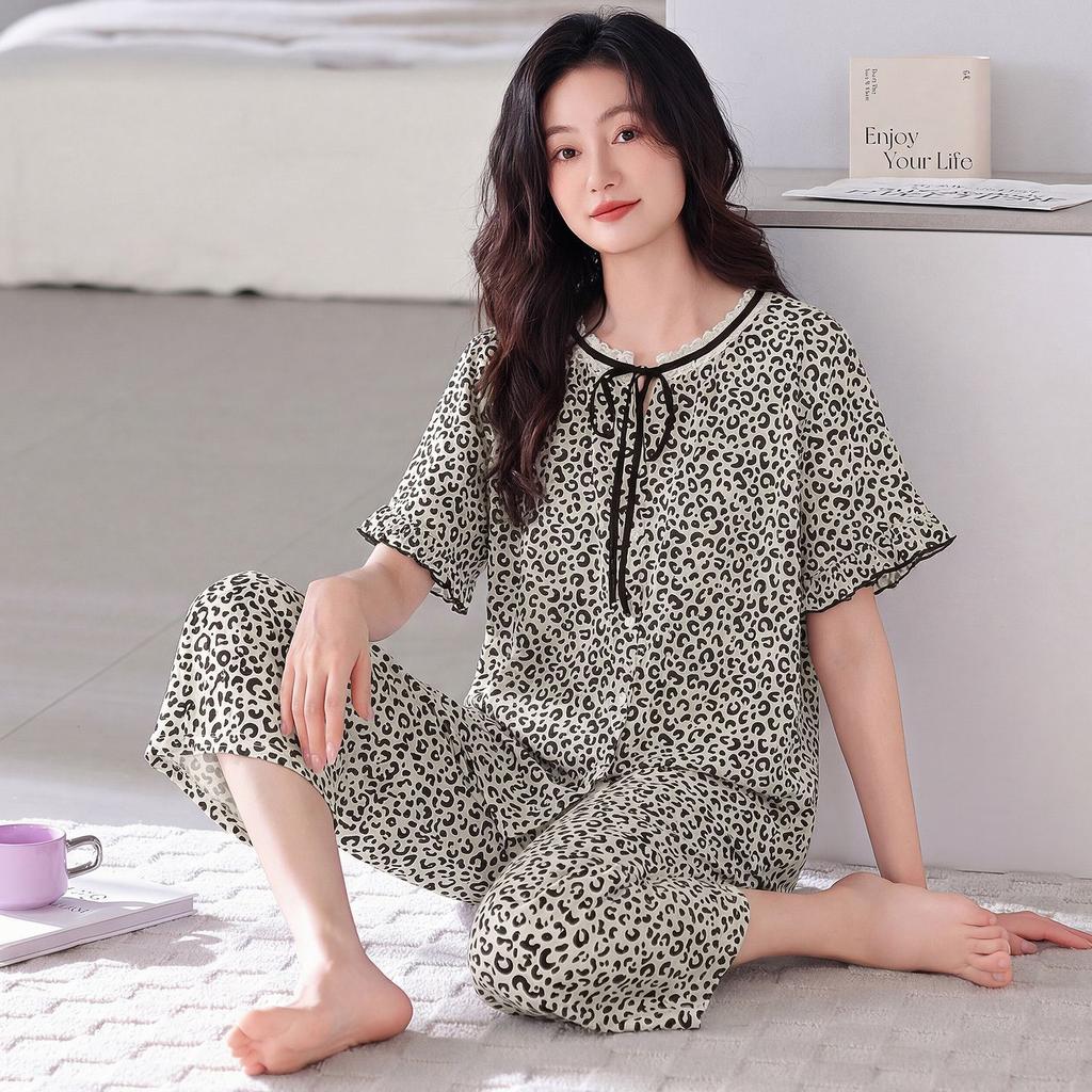 Pajamas women's 11-year new summer cotton short-sleeved cropped pants thin summer large-size loungewear can be worn outside the set