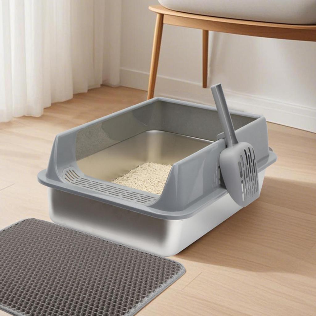 Stainless Steel Cat Toilet Large Cat Litter Box Deepen Pet Litter Box With Scoop Semi-closed Cat Litter Box With Litter Shovel