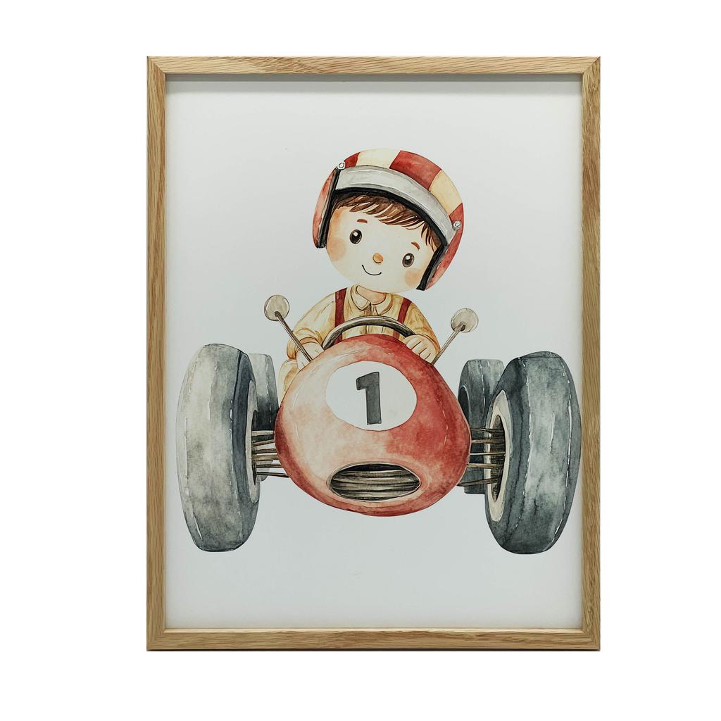 Boy In a Racing Car Poster Boy In a Racing Car Poster, 50X70 Cm, Frameless, Premium Canvas On Stretcher