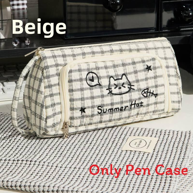 Canvas Cat Pattern Embroidered Large Capacity Pen Case With Stylish Design For Students And Office Use