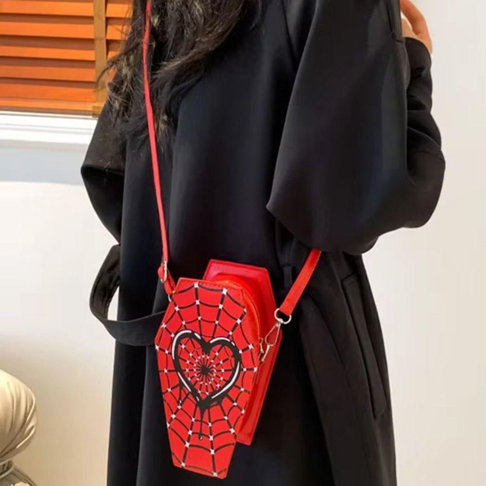 Women Fashion Shoulder Bag Large Capacity Coffin Shaped Casual Satchel Bag Adjustable Strap Spider Web Halloween Gift