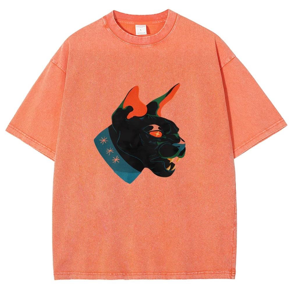 Unisex Fit Washed T-Shirt Cool Cat Tees Shirts Men Women Short Sleeve T-shirts Cotton Oversized Y2K T-shirt
