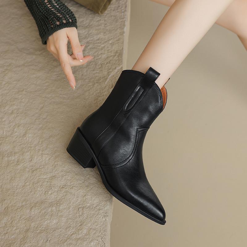 Vintage Women Genuine Leather Ankle Boots Thick Heels Pointed Toe Shoes Woman Retro Chelsea Short Boots Office Lady 2024 New