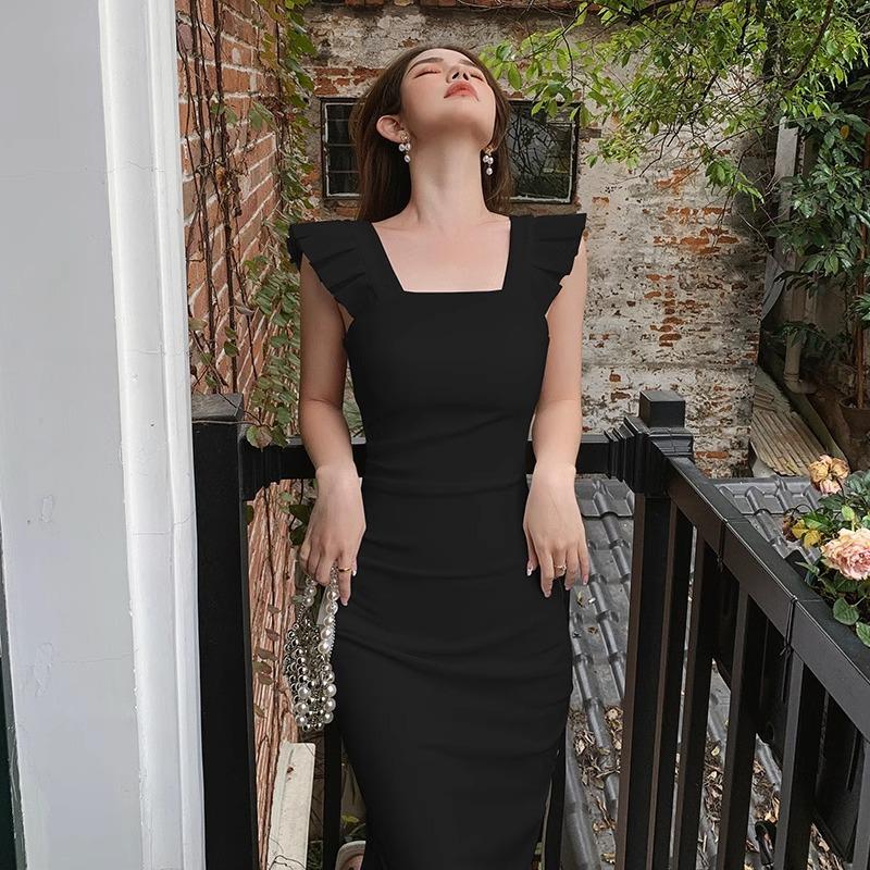 

Petite Women s French Style Slimming Long Dress with Ruffle Sleeves and Slit XL