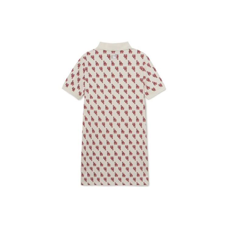 MLB Los Angeles Dodgers Polo Collar Interwoven Letter Mid Waist A-Line Casual Trendy Sports Short Sleeve Dress Women dresses Cream 3FOPM0233-07CRS
