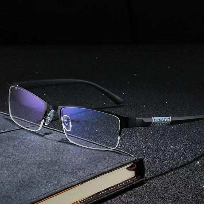 Men Half-Frame Anti Blue Presbyopia Glasses Small Square Frame Business Style Male Eyeglasses Classic Popular Metal Eyeglasses