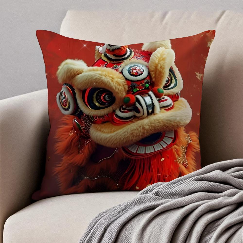Traditional Dancing Lion Anime Lucky Cushion Cover Pillowcase Antidustmite Invisible Zipper Short Plush Sofa Cushion