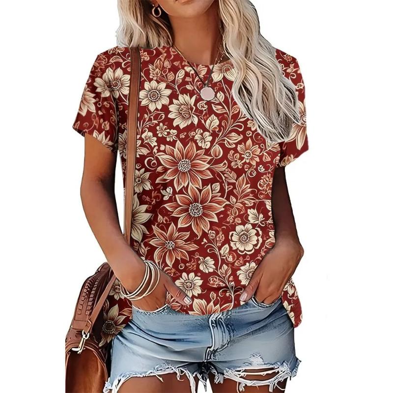 Moda para Mujer Cuello Redondo Manga Corta 3D Casual Estampado a Color Camiseta Casual de Manga Corta con Cuello Redondo