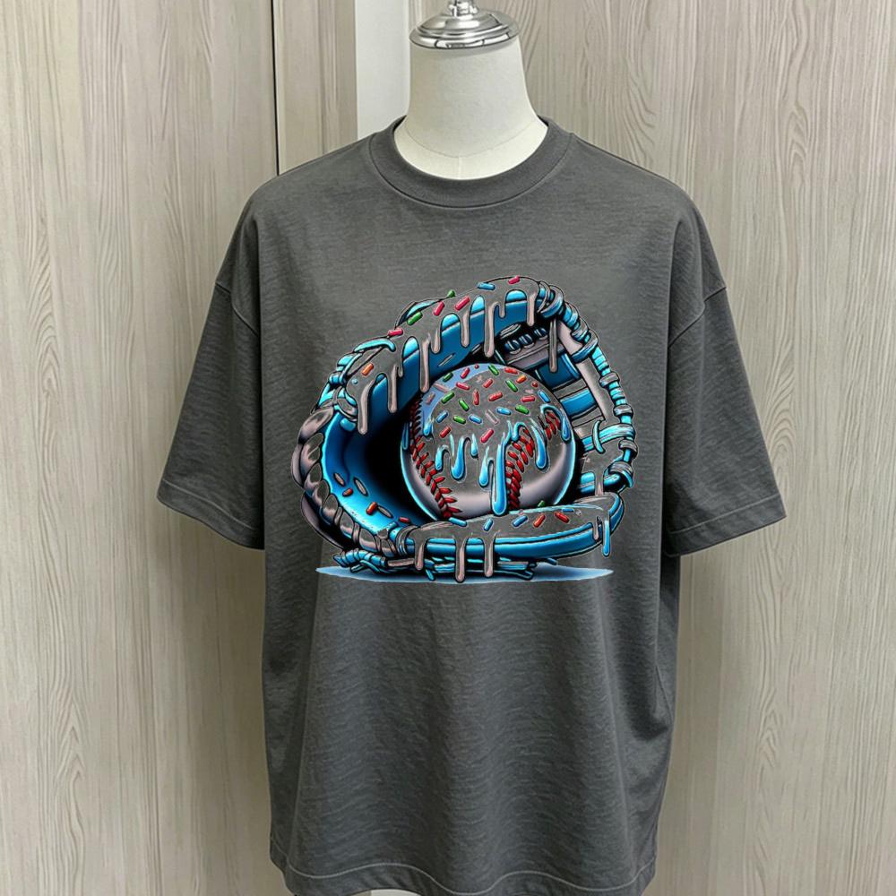 Dripping Donut Baseball Glove Graphic T Shirt Unisex Oversized Short Sleeve Tees Soft Cotton Colorful Sprinkles Baseball Print