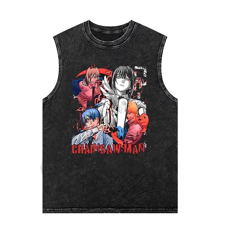 Chainsaw Man Anime Print Vintage Gewaschenes Kurzarm-Tanktop Gym T-Shirt Trendiges Unisex Ärmelloses Tanktop Männer Frauen
