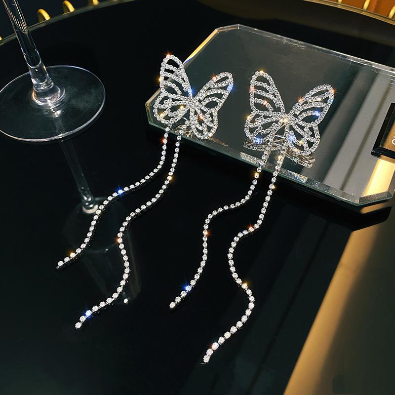 Tassel Butterfly Earrings For Women Shiny Rhinestone Big Bowknot Creative Jewelry Temperament Party Girl Accessories Gifts