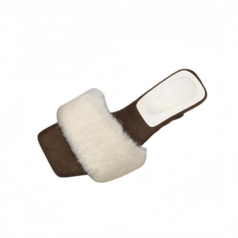 French temperament gentle fluffy slippers women wear autumn and winter new open-toed wedge heel one-word drag fairy cotton drag