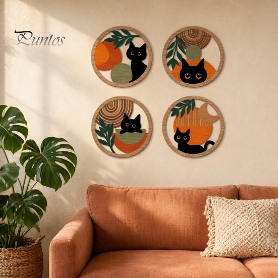 Cat Theme Wall Sign 4Pcs Black Decor Set, Boho Cartoon Hanging Art, Art Set Farmhouse Rustic Wooden Plants for Bedroom Living Room Office