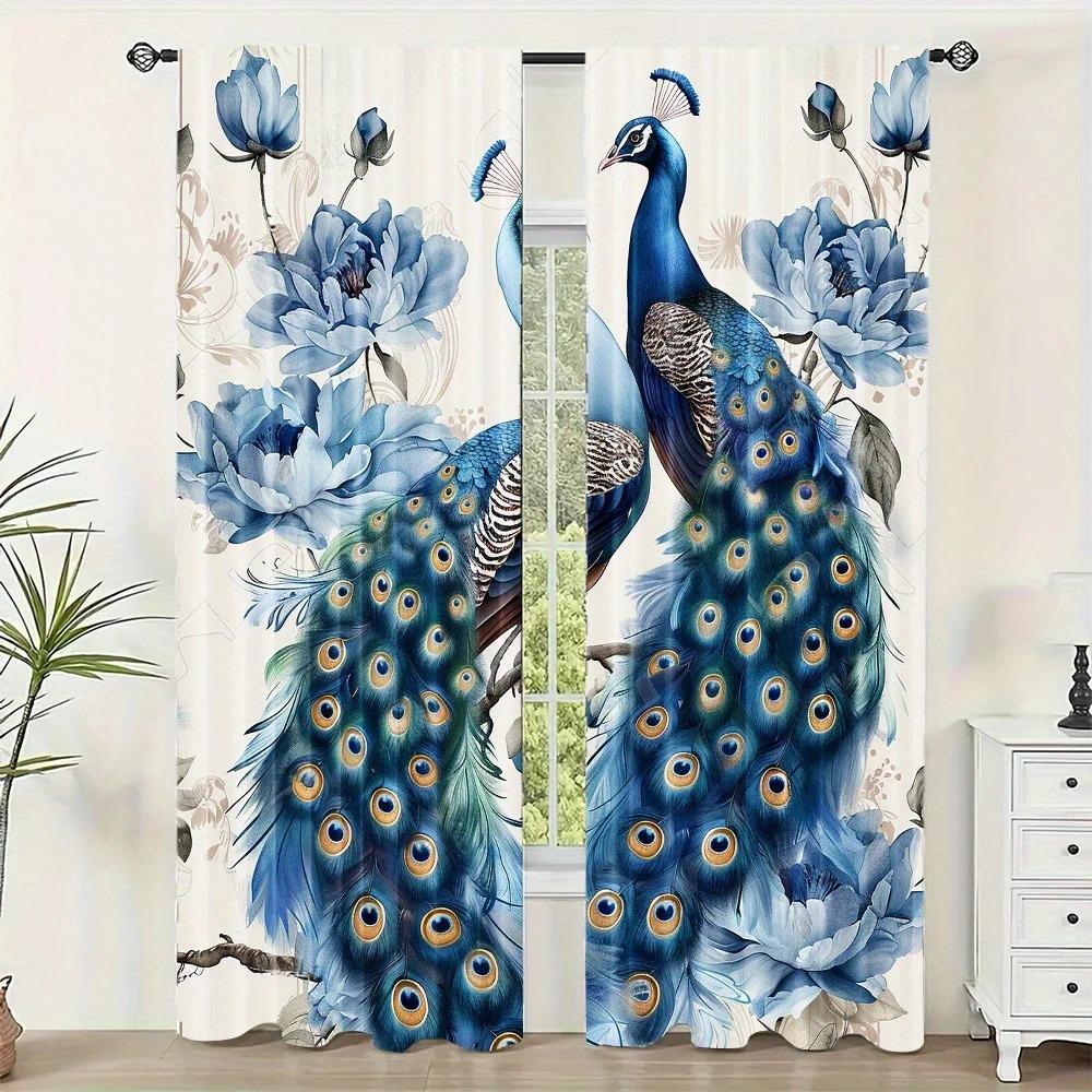 2-Piece Set Vibrant Peacock Print Curtains Rod Pocket Design For Living Room Kitchen Bedroom Window Blinds Home Decor cortinas