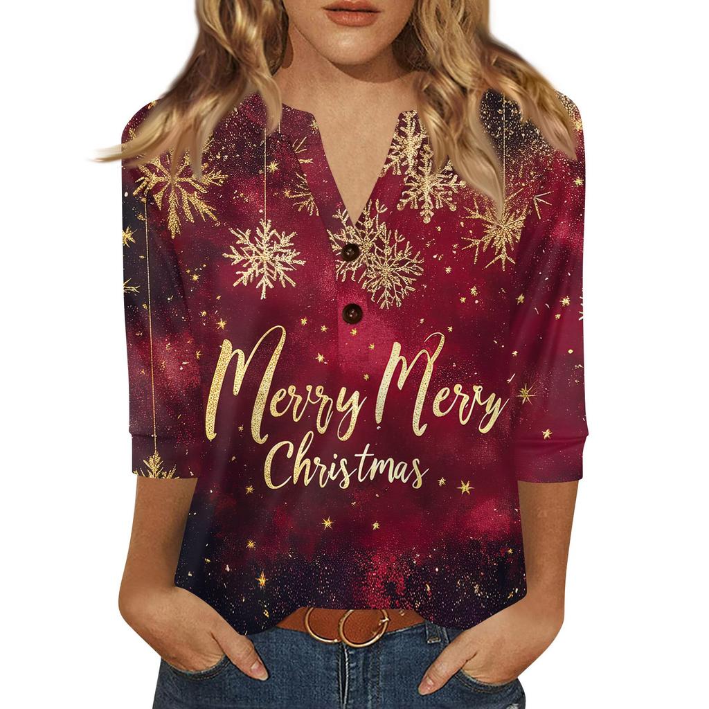 Women's T Shirt Christmas Print Button 3/4 Sleeve Daily Weekend Fashion Basic V- Neck Regular Top