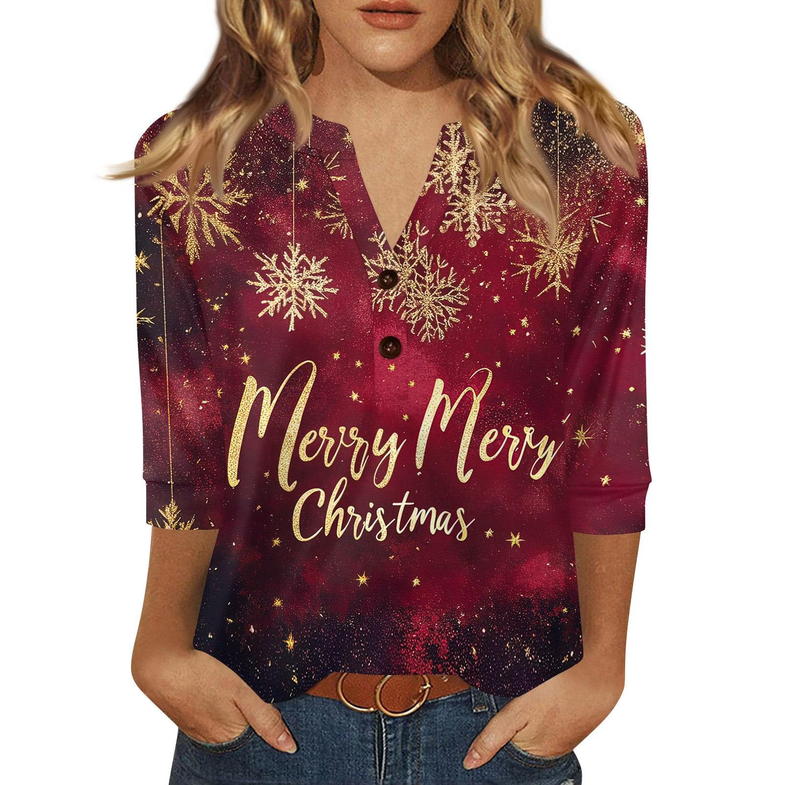 

Женская футболка с рождественским принтом, на пуговицах, рукав 3/4, повседневная, выходного дня, модная, базовая, с V-образным вырезом, стандартный топ XXXL золотой