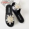 Aphixta New Gold Crystal Flower Slippers Women Summer Round Toe Shoes Outdoor Flat Heel Bling Slides Big Size43 Luxury Flip Flop