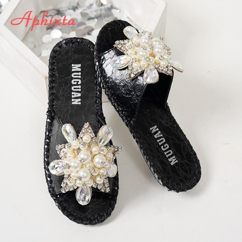 Aphixta New Gold Crystal Flower Slippers Women Summer Round Toe Shoes Outdoor Flat Heel Bling Slides Big Size43 Luxury Flip Flop