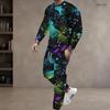 Men Plus Size Pink Printed Round Neck Long Sleeve Top Cuffed Pants Two Piece Set
