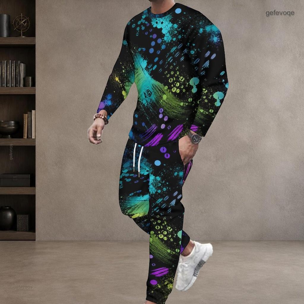 Men Plus Size Pink Printed Round Neck Long Sleeve Top Cuffed Pants Two Piece Set