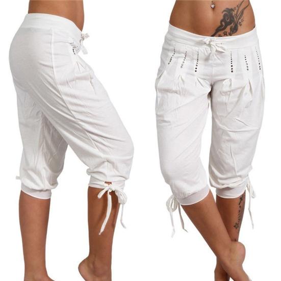 Plus Size Casual Women's Solid Color Sequined Pleated Drawstring Capri Pants