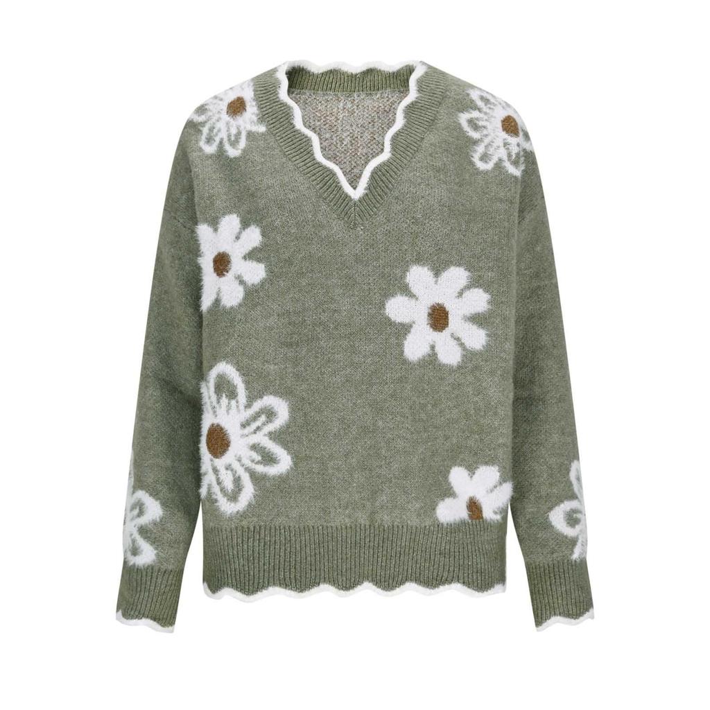 Women's Casual Fashion Elegant Floral  Knitted V-Neck Sweater