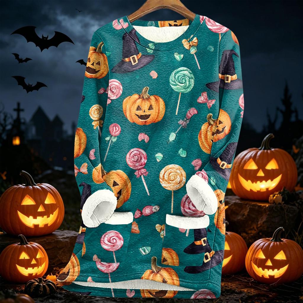 Women Long Sleeve Fleece Lined Tunic Sweater Dress with Halloween Print Soft Warm Thickened Sherpa Pullover for Autumn Winter