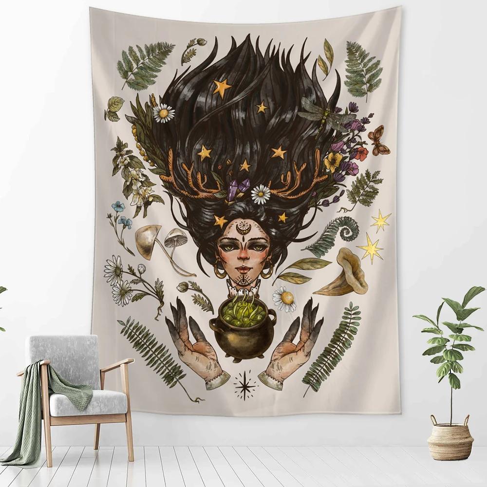 Vintage Magic Mushroom Tapestry Wall Hanging Witch Hand Mural Botanical Mystery Boho Hippie Home Decor