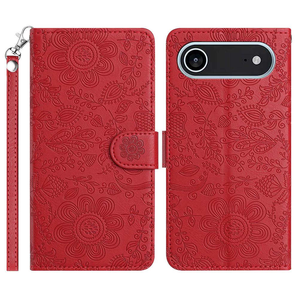 For iPhone 17 Air Case Flower Imprint Leather Flip Wallet Phone Cover with Wrist Strap