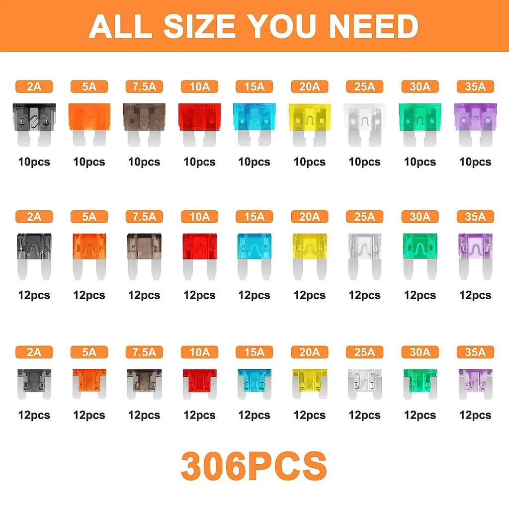 272/306Pcs Automotive Fuse Combination Kit Standard Mini and Slim Mini Car Replacement Blade Fuses Mixed Car Blade Fuses with Fuse Puller and Circuit