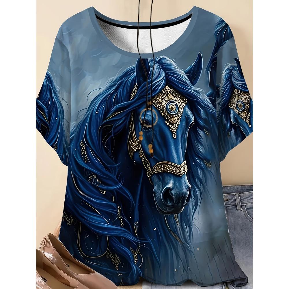 Plus Size Casual Crew Neck Short Sleeve Tiger Horse Animal Print T-Shirt - Soft Stretch Polyester Fabric Spring and Summer Womens Relaxed Fit Clothing
