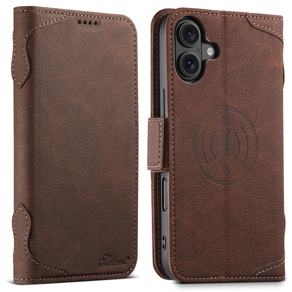 SUTENI J07 For iPhone 16 Plus Case Compatible with MagSafe Litchi Texture Leather Wallet Phone Cover