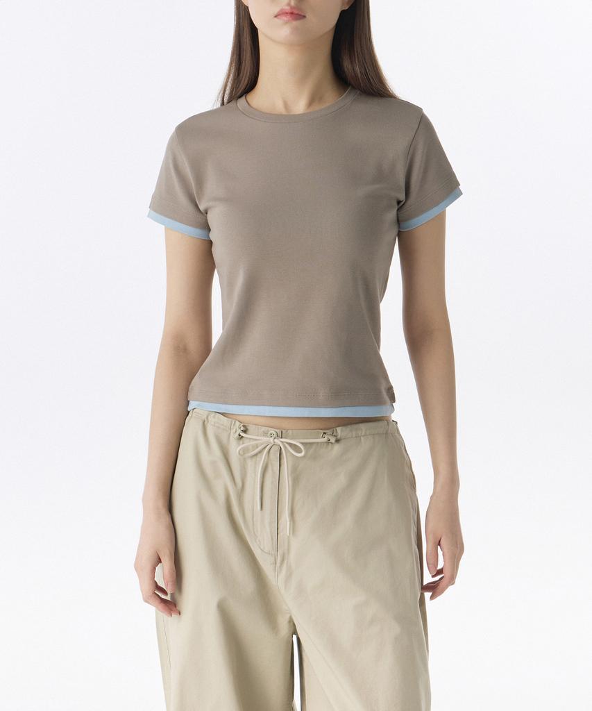 MUSINSA STANDARD WOMAN Women'S Layered Hem Slim T-Shirt [Taupe/Light Blue]