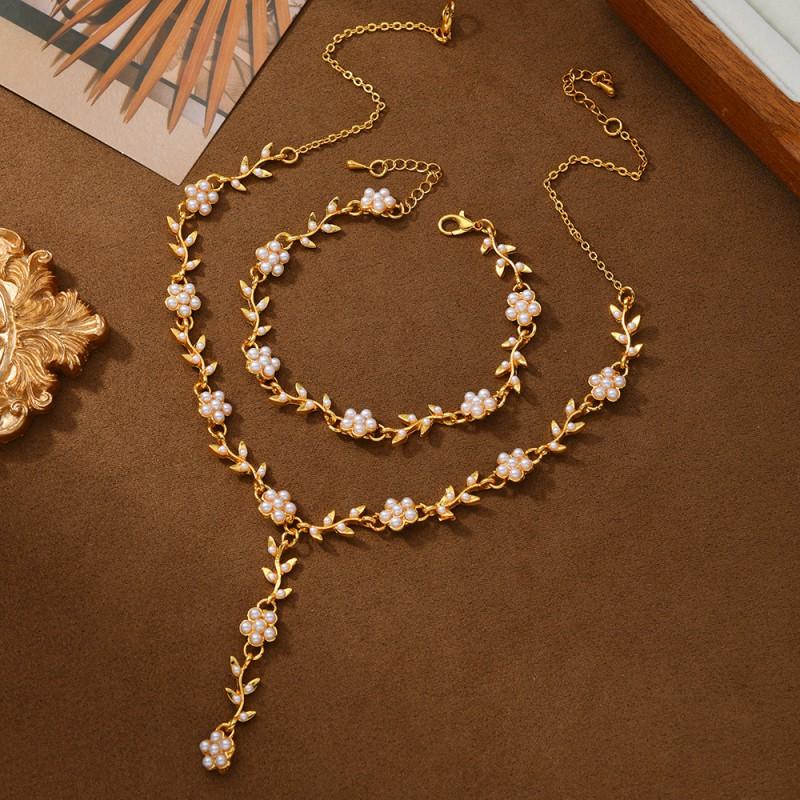 Elegant Gold Floral Pearl Necklace Bracelet Set Bridal Wedding Outfit Vintage Chic Jewelry Accessories