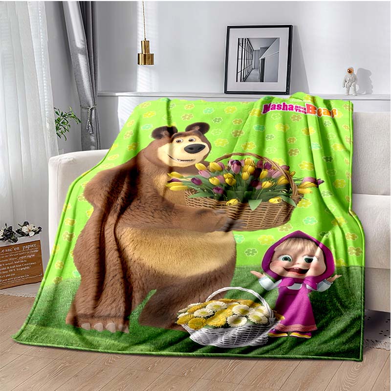 Cute Girl and Brown Bear Print Flannel Blanket, Kids Cartoon Throw Blanket 80cm x 120cm