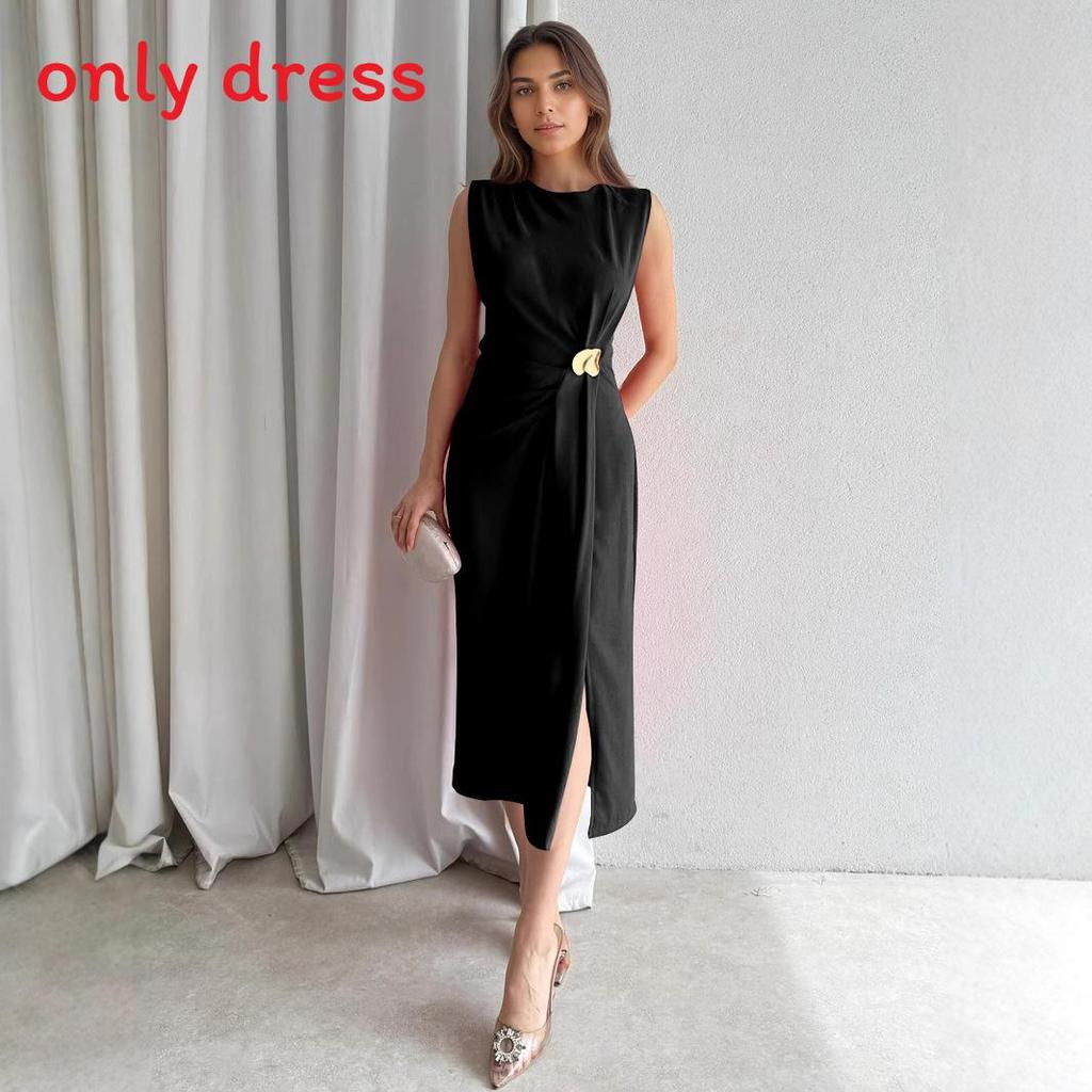 Elegant Black Sleeveless Knit Dress With High Waist For Office And Casual Wear