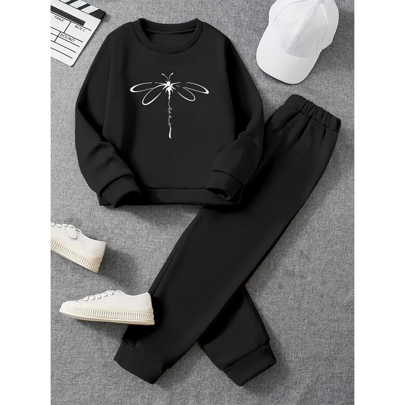 Полиэстер 2-предметный комплект: толстовка с круглым вырезом и вязаные брюки. Повседневный костюм для дома и спорта. Осень-Зима L чёрный